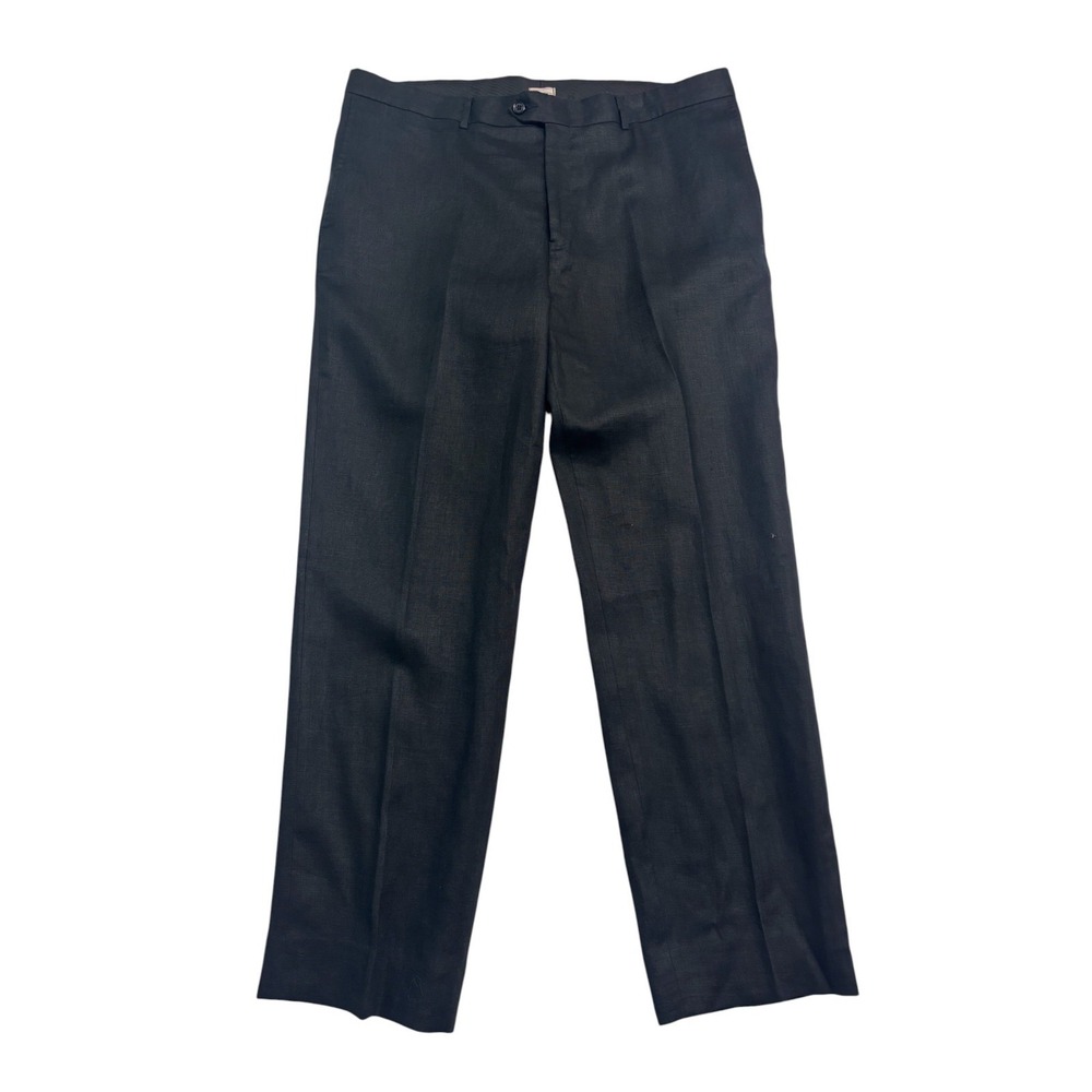 B Moon 38x31 Black Pants Trousers 100% Linen Flat Front Boutique Lightweight